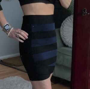 BCBGMaxAzria Black and Navy Horizontal Stripe Pencil Skirt
